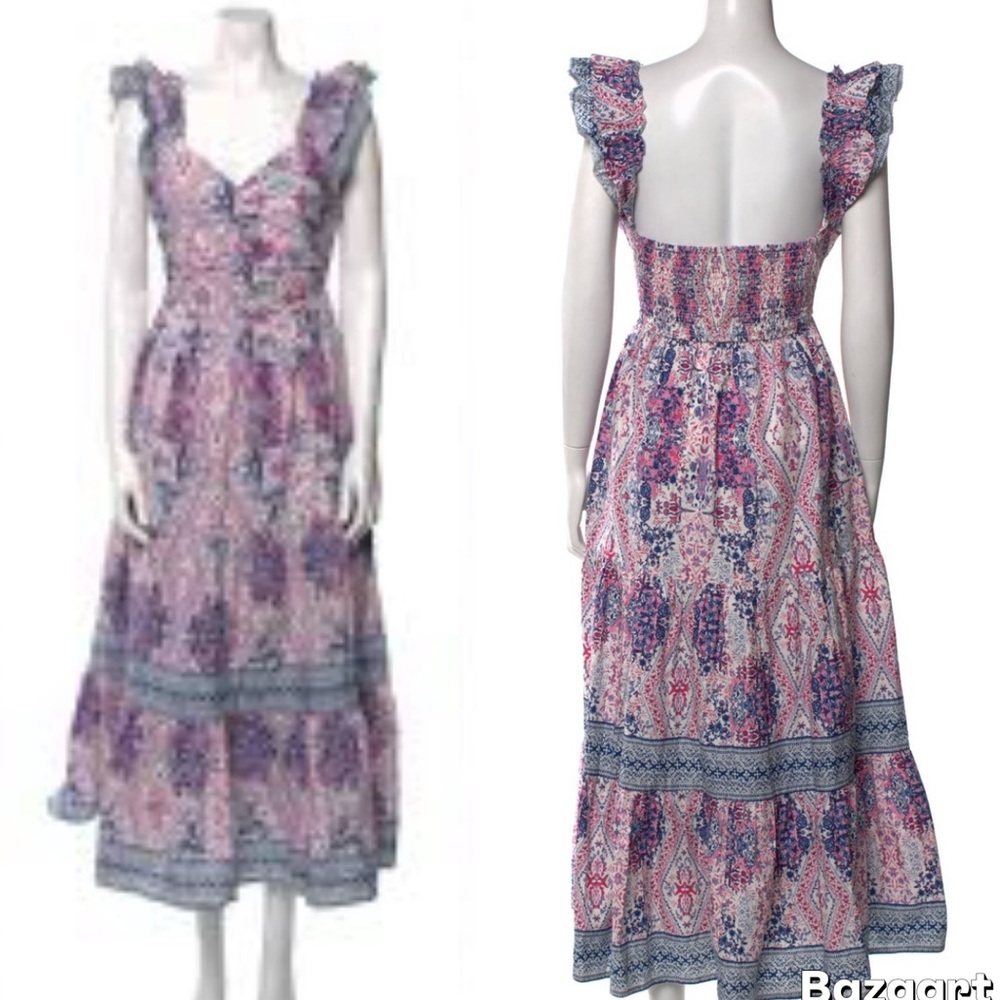Caroline Constas Tiered Smocked Back Maxi Dress in Diamond Floral Print XS